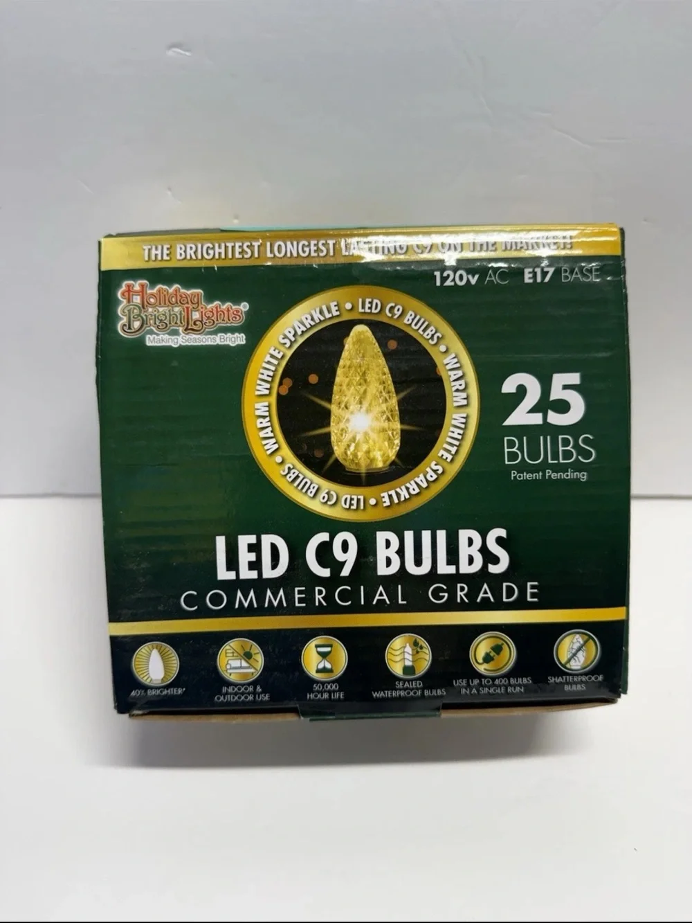 Holiday Bright Lights LED C9 Teardrop Green Bulb 25pk 120V E17 Waterproof NEW